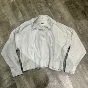 Aerie White Cropped Fleece Pullover Henley Sweatshirt Small